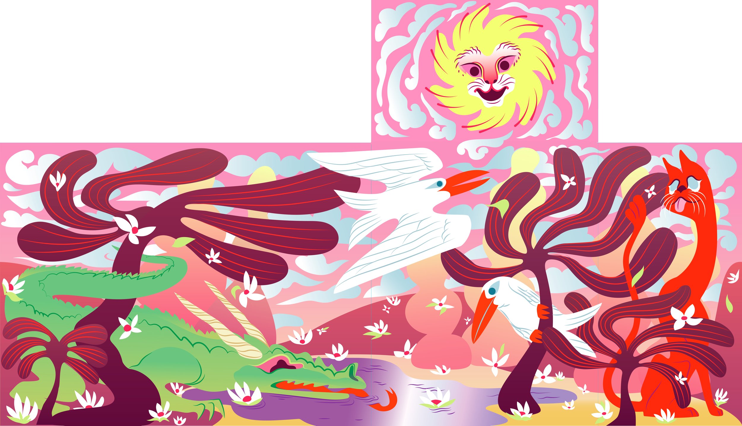 city of bellevue, utility box wrap, urban, graphic art, vector illustration, birds, dragon, sun, cat, trees, surreal, dream, flowers, imaginary landscape, pink, green, fantasy, mythology