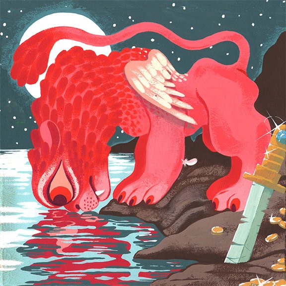 lion, griffon, myth, legend, fantasy, illustration, reflection, psychology, surreal, moon, stars, sword, treasure, story, narrative, painting, gouache, traditional, beast, beastiary, creature, medieval, design, island, lonely, mythology, tales