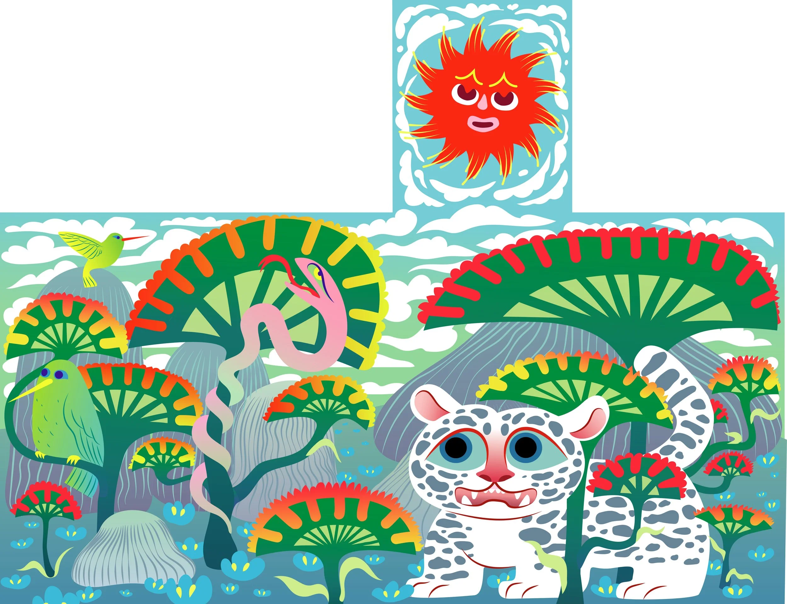 vinyl box wrap, urban, forest, amazon, rainforest, jungle, animals, vector illustration, graphic art, snow leopard, snake, hummingbird, sun, clouds, fun bright, colorful, imaginary environment, flowers, trees