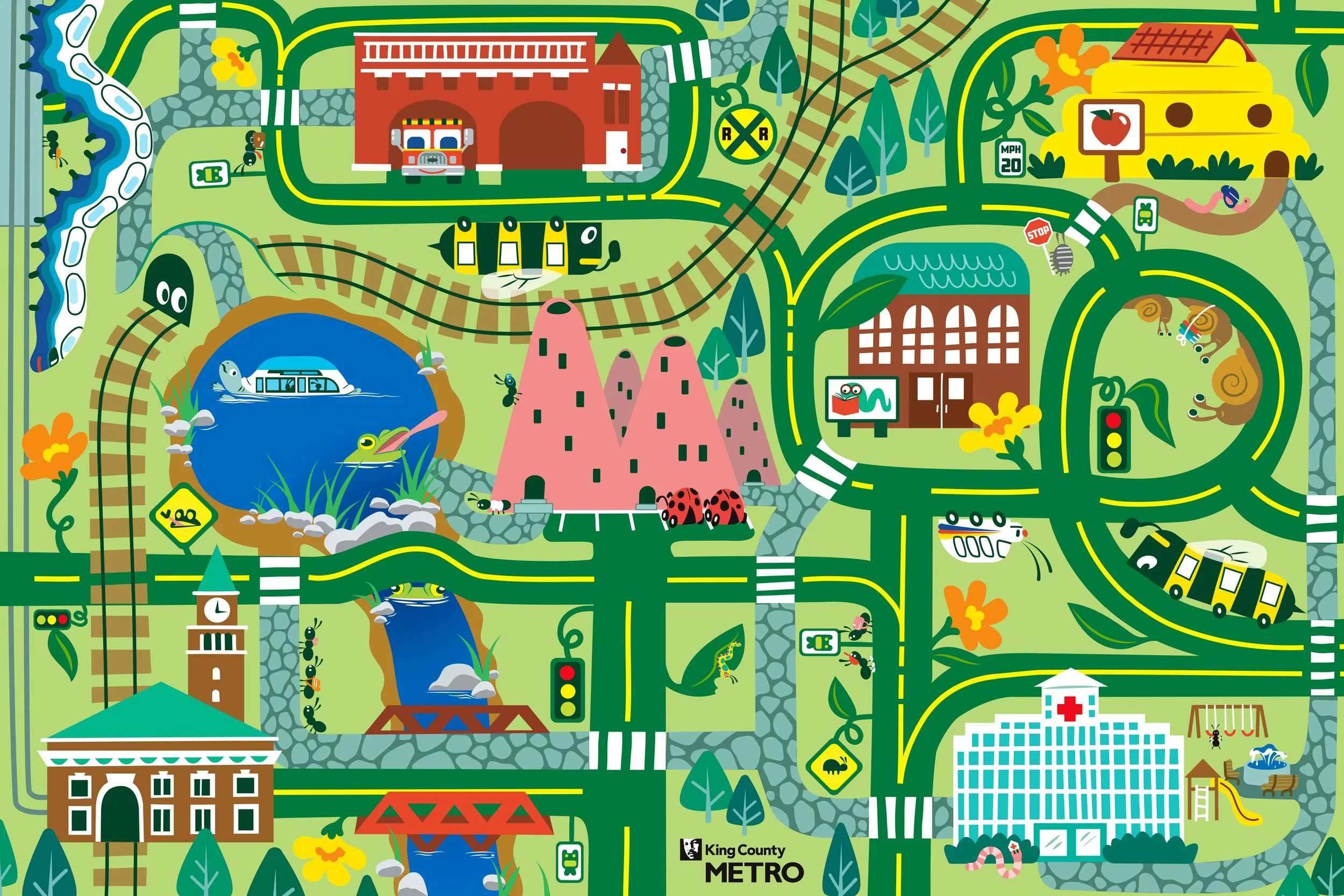 Metro Transit, playmat, buses, light rail, public service, ferry, garden, bugs, animals, kids illustration, children, play, adventure, vector, scalable graphics, seattle, washington state, king county, library, fire station, bridge, infrastructure