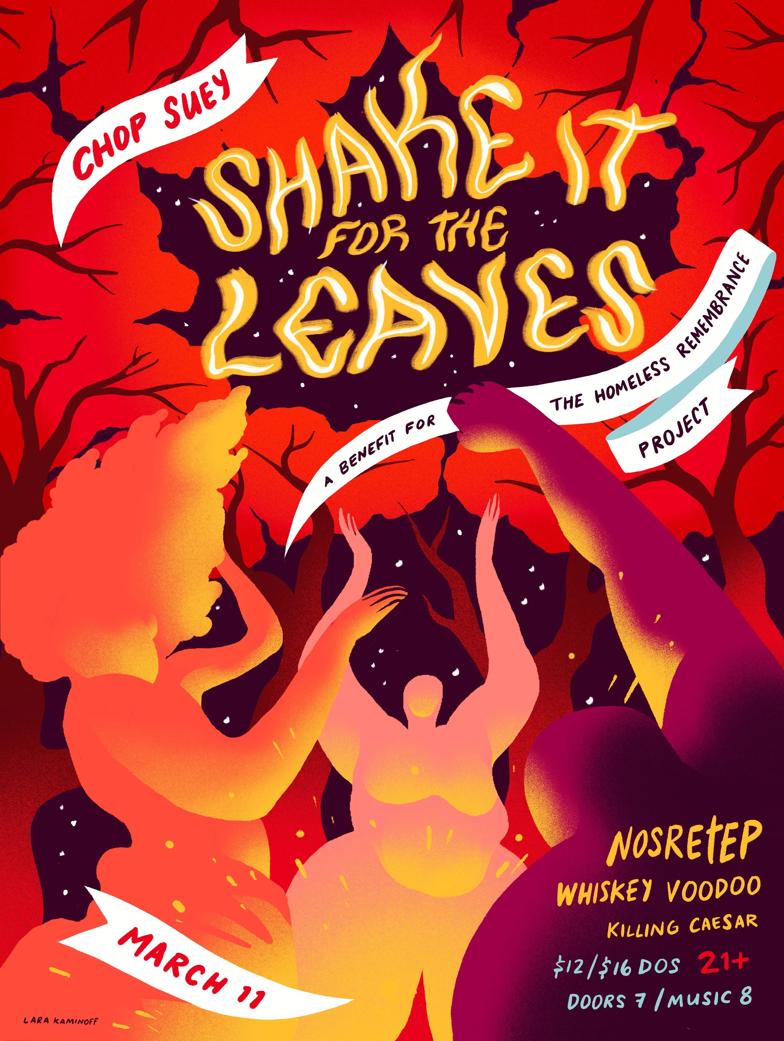 Poster for a benefit music show created for the Homeless Remembrance Project which installs commemorative brass plaques in the shape of leaves around Seattle sidewalks inscribed with the names of unhoused people who died on the street. Dance, rock an