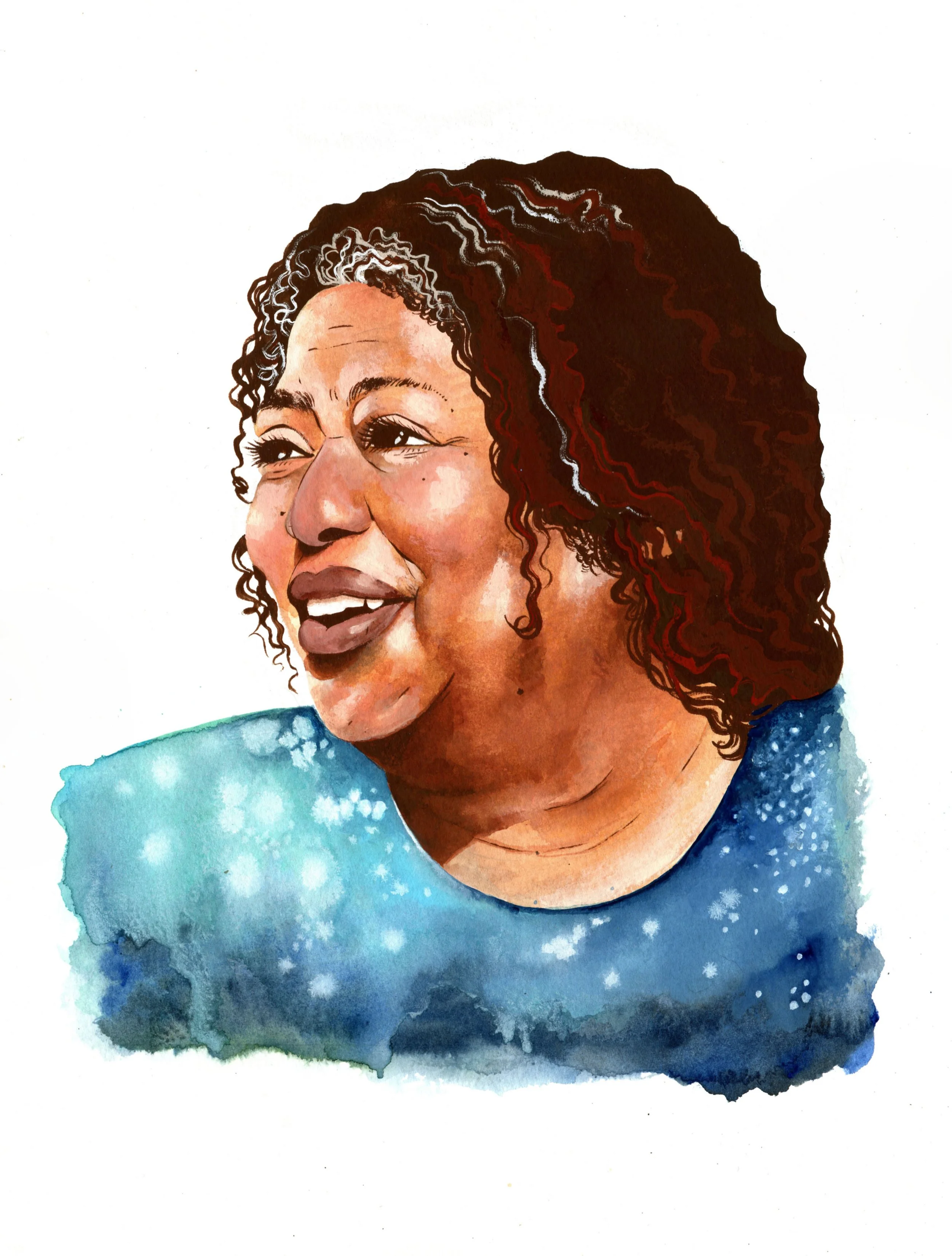 A portrait of Charmaine Cooley for Real Change exhibition Stories from the Street at Seattle Public Library's Central Branch. The show featured the personal stories and portraits of Real Change vendors in an effort to humanize our unhoused neighbors 