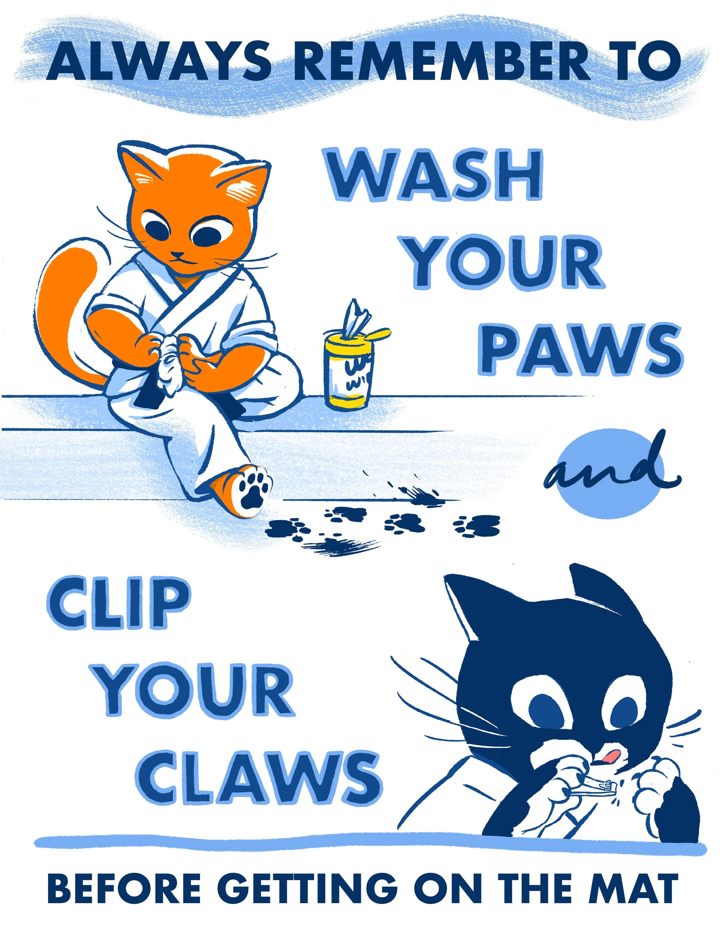 children's illustration, kids, education, teacher, martial arts, cats, cartoon, children, dojo, poster, mat etiquette, hand lettering, design, graphic, information, student, gi, aikido, tenzan