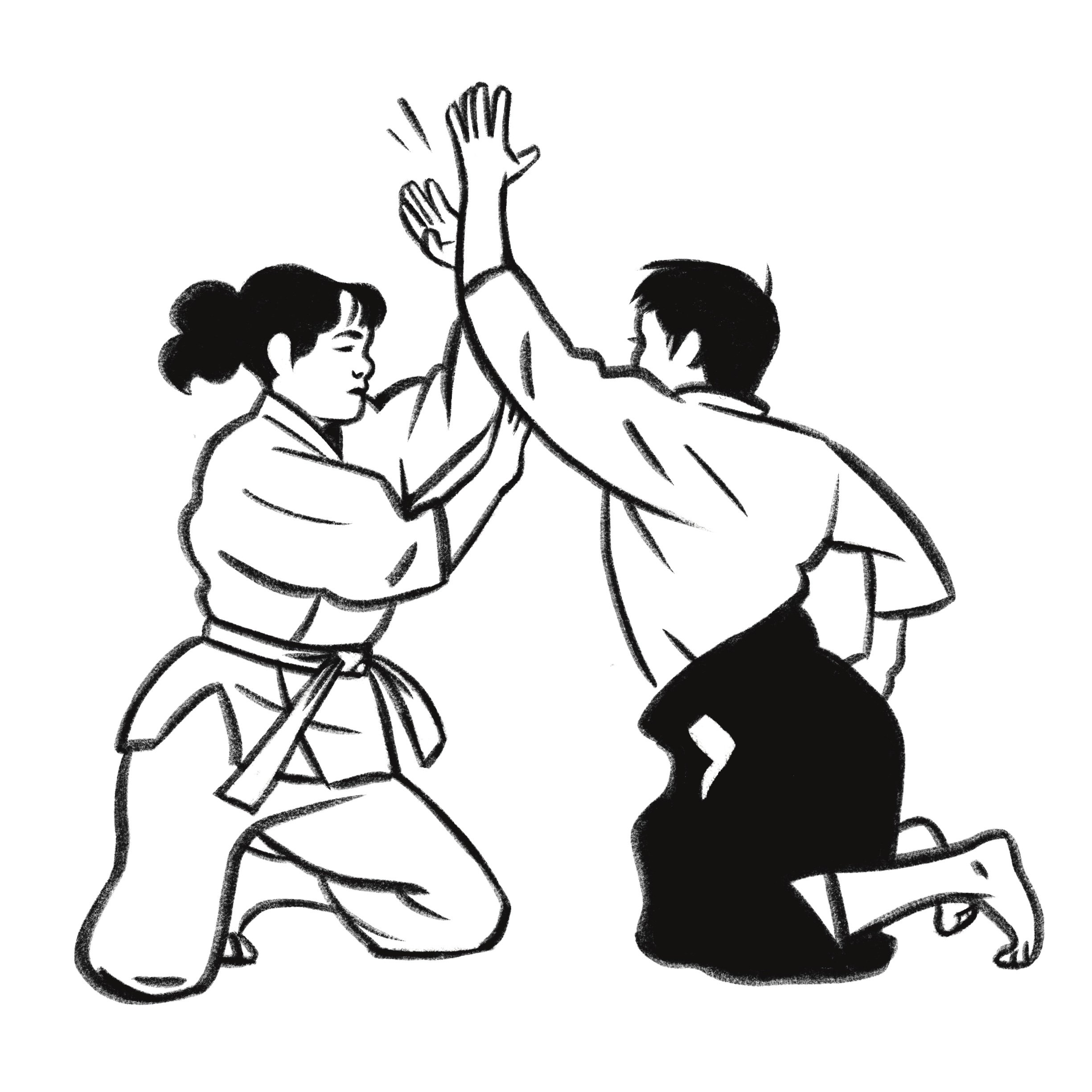 brushy, ink, black and white, illustration, martial arts, dojo, aikido, technique, action, art, tenzan, fight, practice, training, sports illustration, spiritual path, o sensei