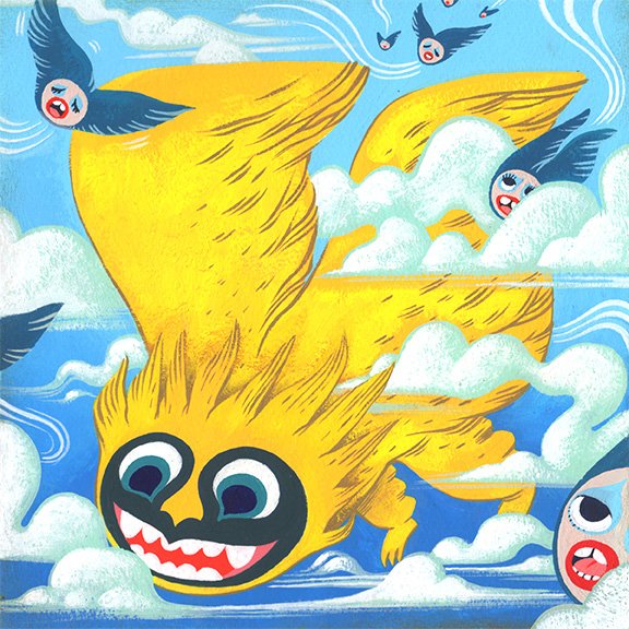 lion, cat, fly, fun, adventure, illustration, traditional, gouache, painting, paint, sing, birds, flight, exciting, clouds, angels