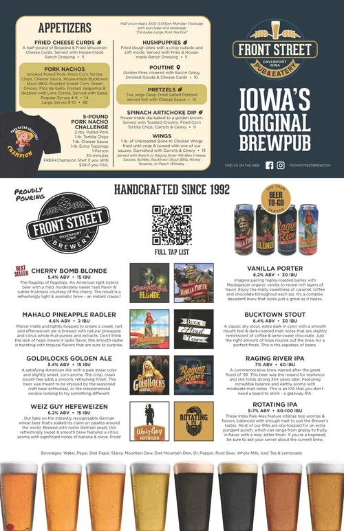 Front Street Pub & Brewery Menu — Front Street | Davenport | Iowa's ...