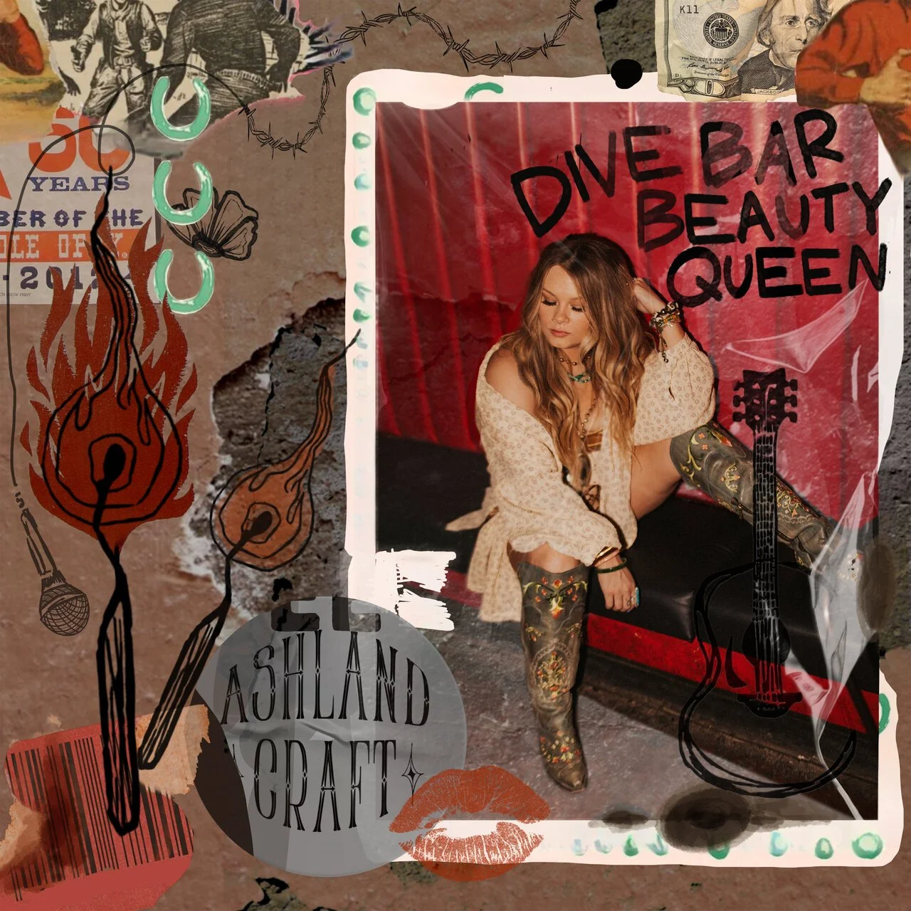 Multiple different materials put together to give the feel of a wall in a diver bar, with a photo of Ashland Craft on a bench.