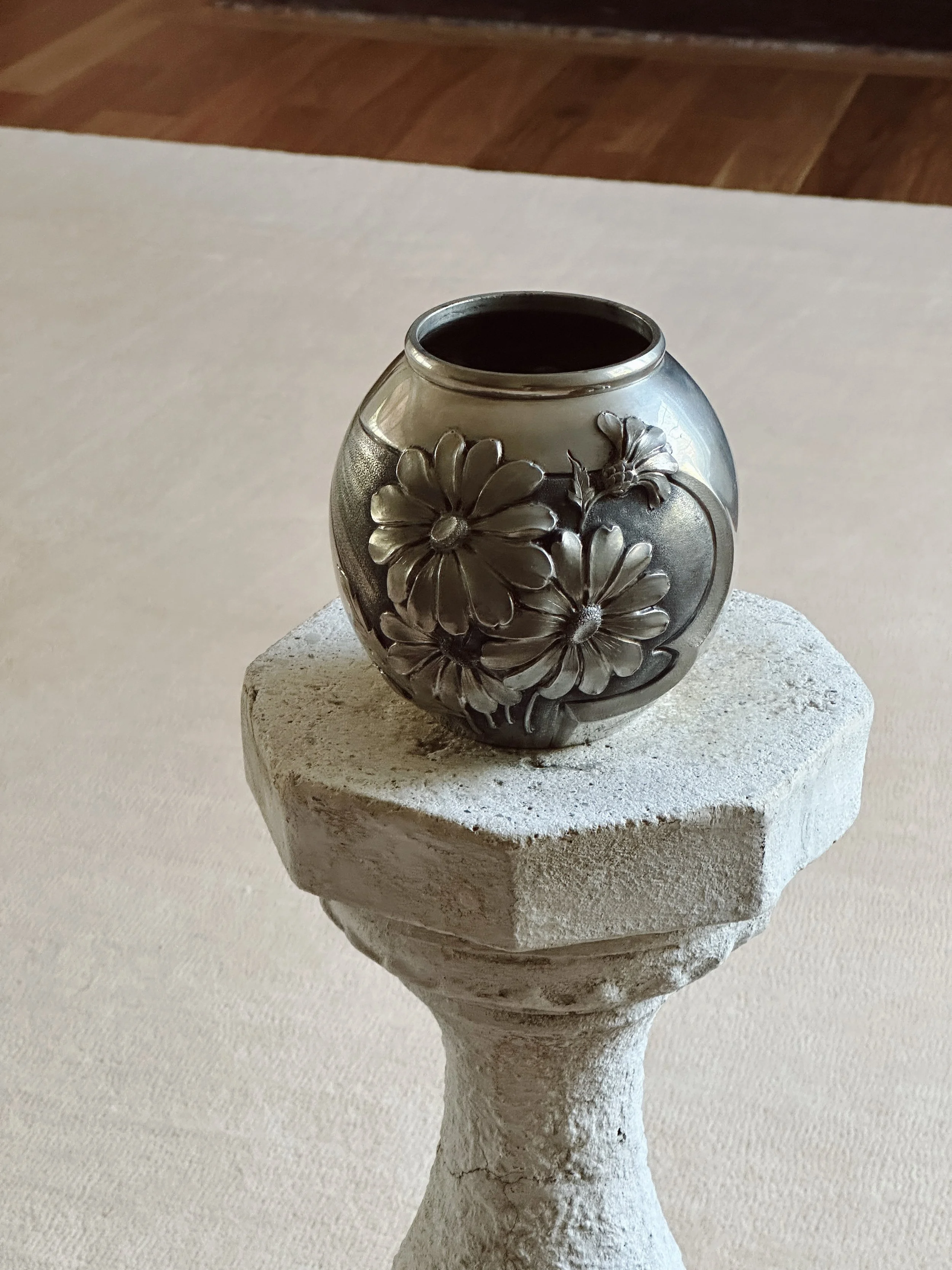 French Pewter Embossed Vase