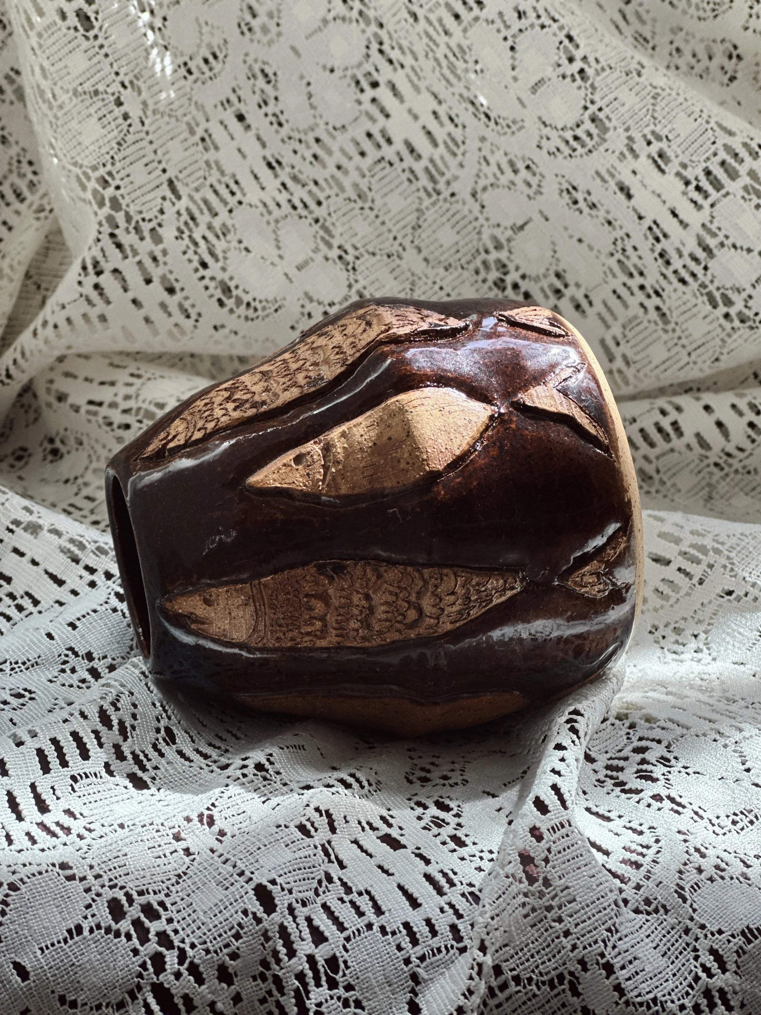 Mid Century Studio Pottery Vase with fish detail