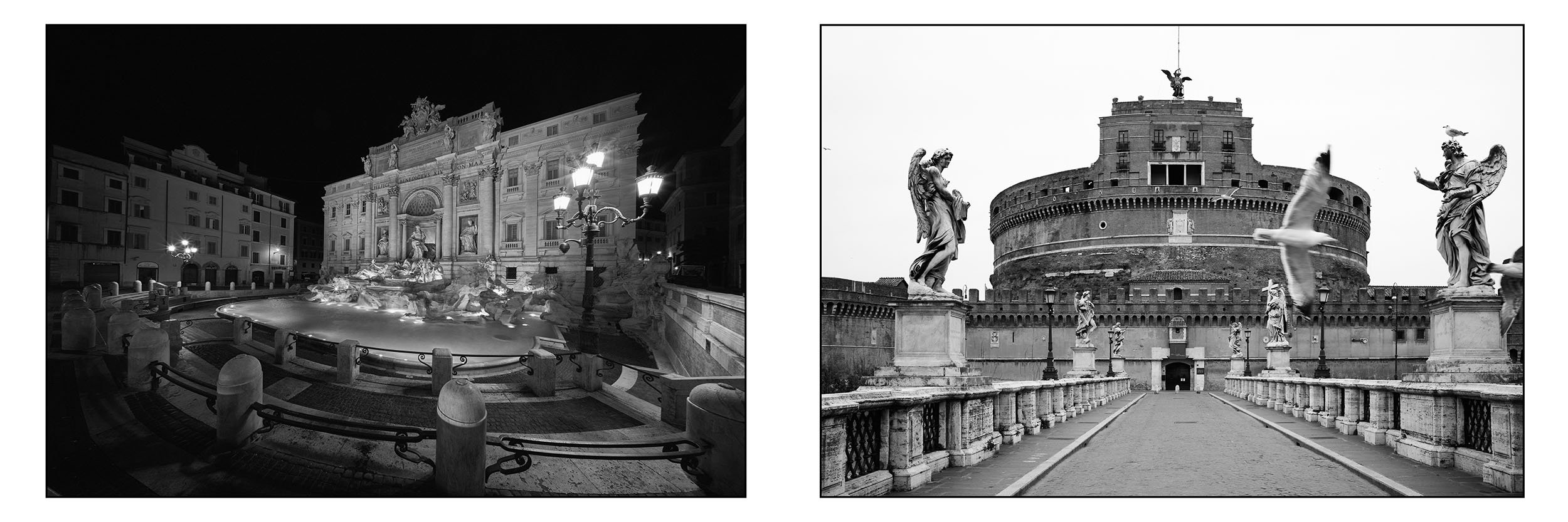 Empty Rome (spread) / Diptych in black and white: a monumental fountain at night and Castel Sant’Angelo seen from the bridge.