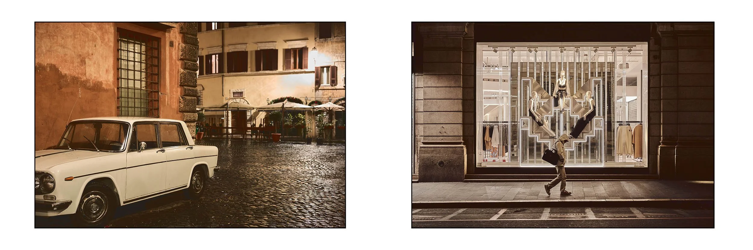 Night fragments (spread) / Diptych: a vintage car on wet cobblestones and a lone figure by a lit shop window at night.
