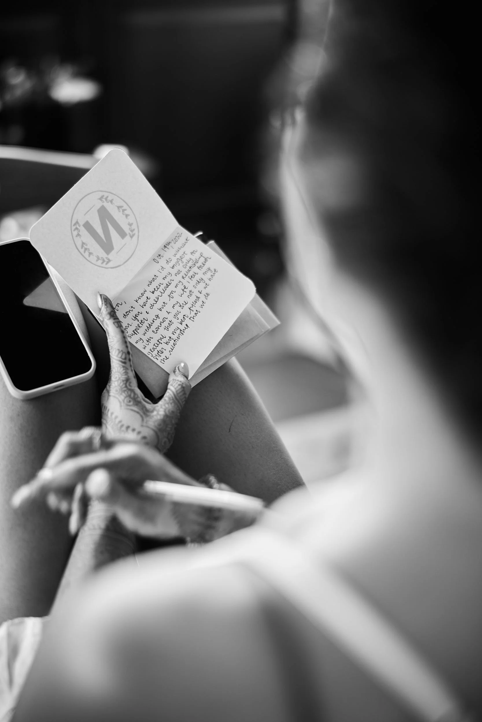 Bride preparing a speech (black and white)