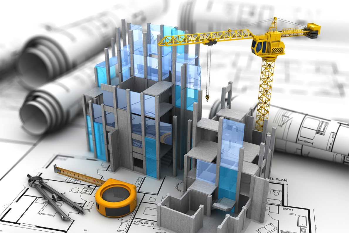 Construction concept with crane and plans