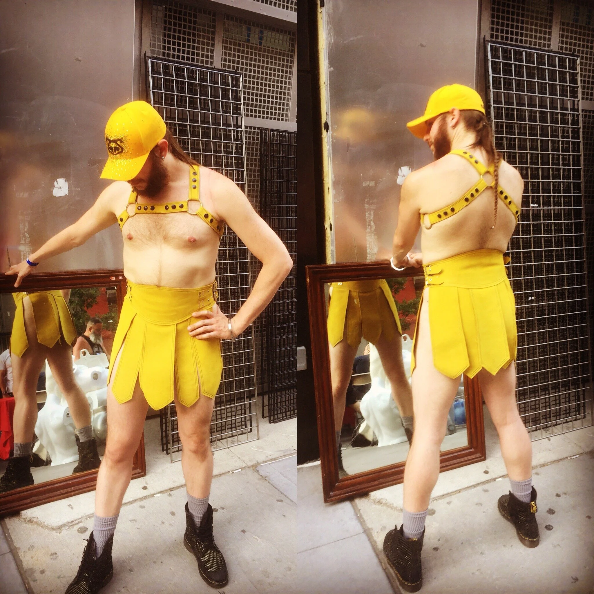 yellow leather gladiator skirt and harness