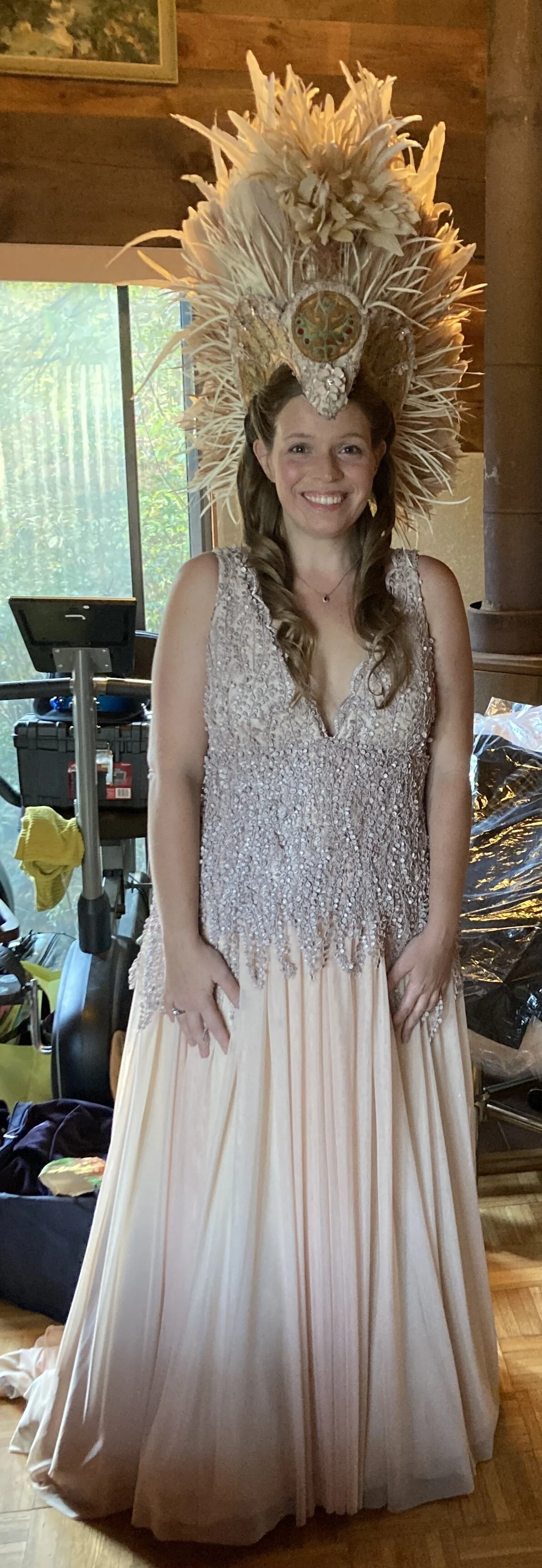 bridal gown and headpiece