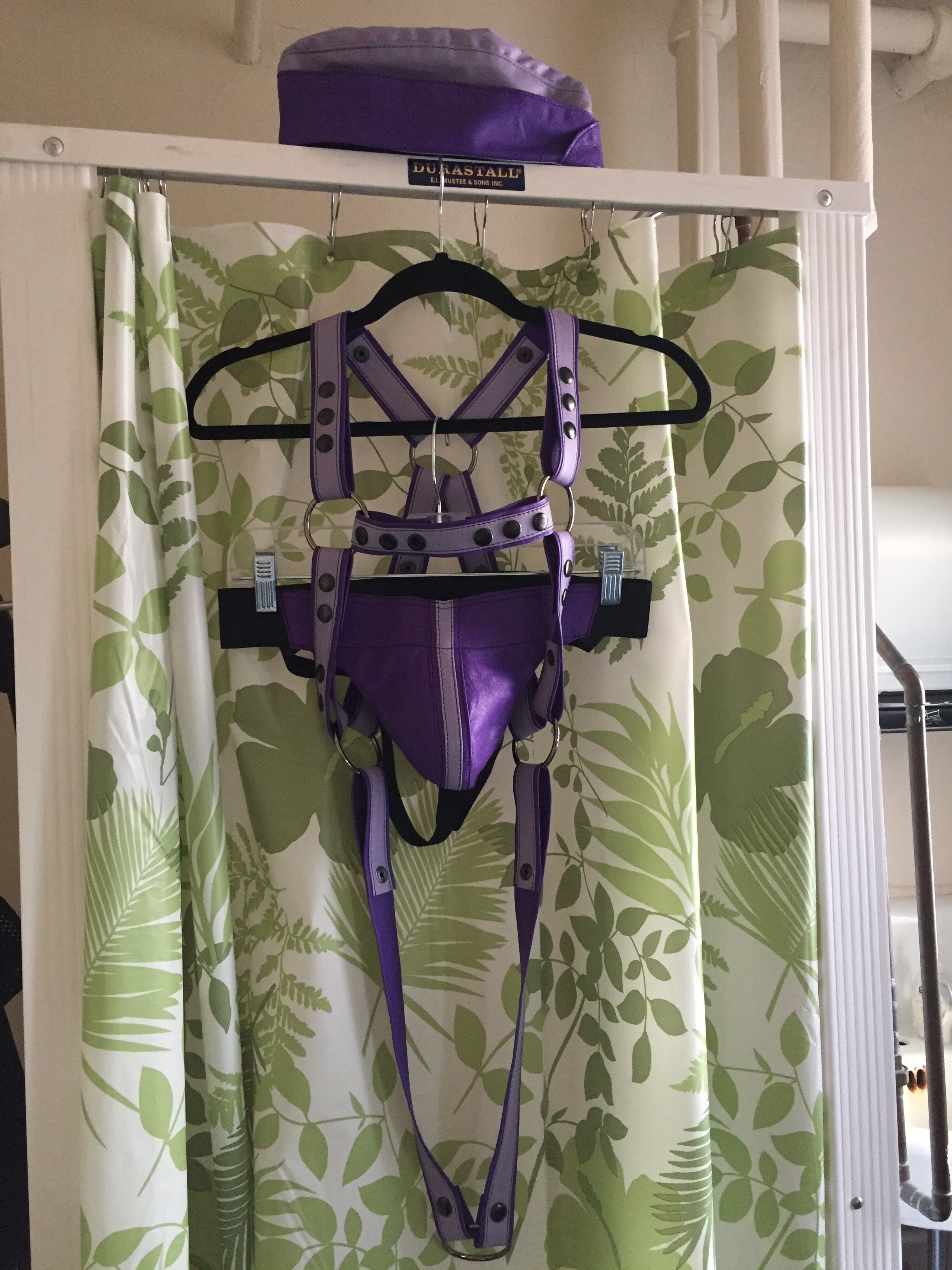 Purple leather full body harness with envelope cap