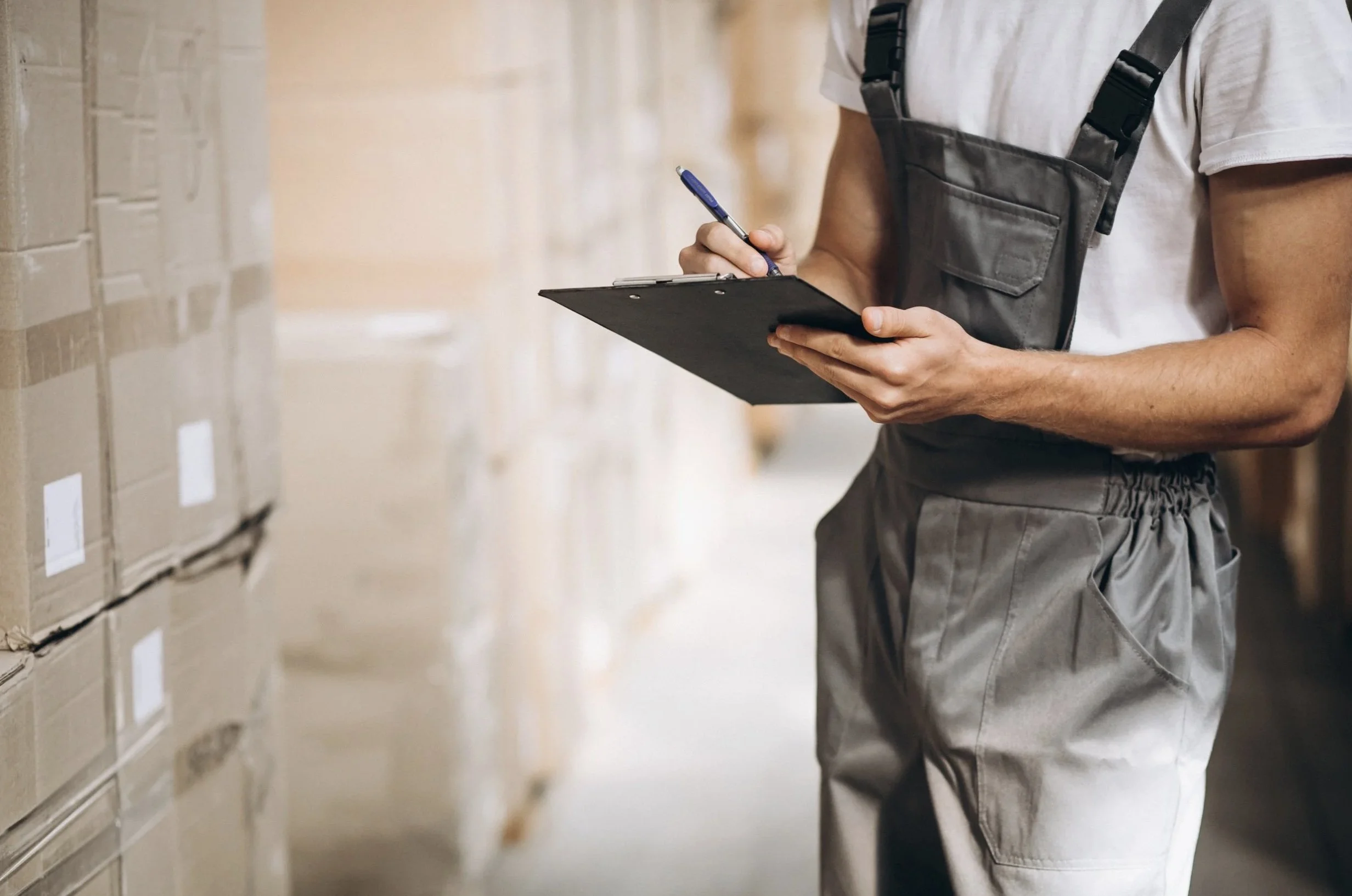 Warehouse worker checking inventory on clipboard in secure storage facility in Northern Ireland