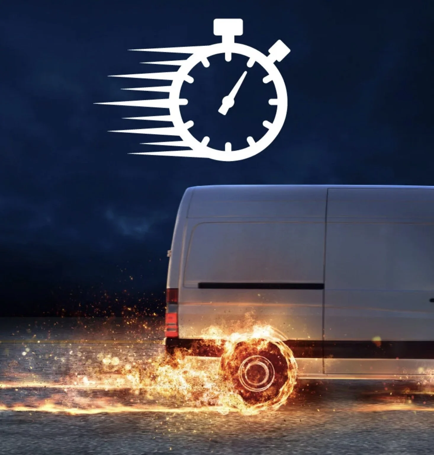Delivery van speeding with stopwatch graphic representing same-day and scheduled courier services