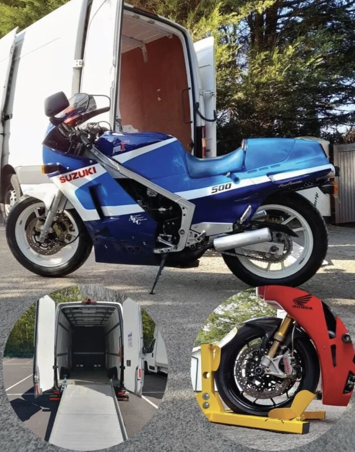 Motorcycle being loaded into delivery van using ramp and secure wheel stand for transport