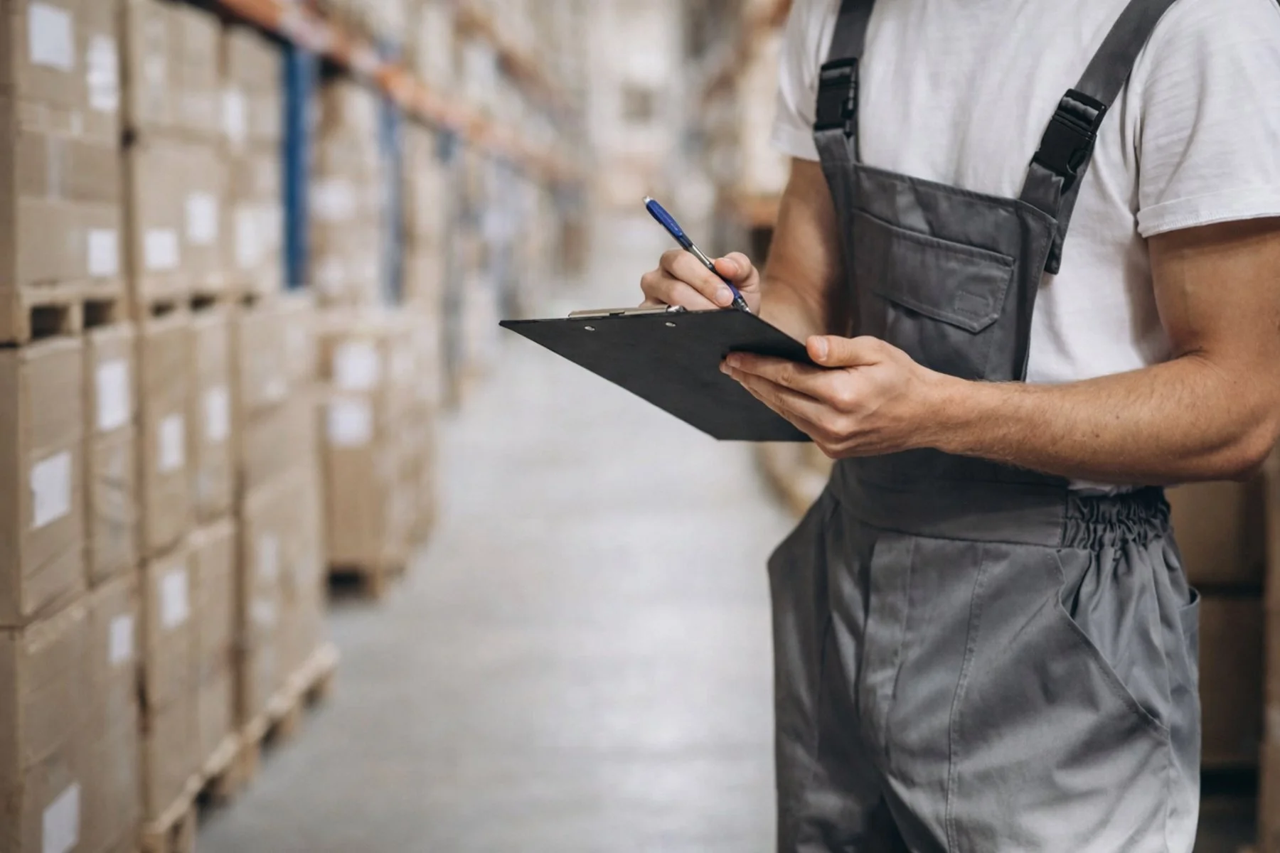 Warehouse worker checking parcels and preparing courier deliveries in a logistics warehouse