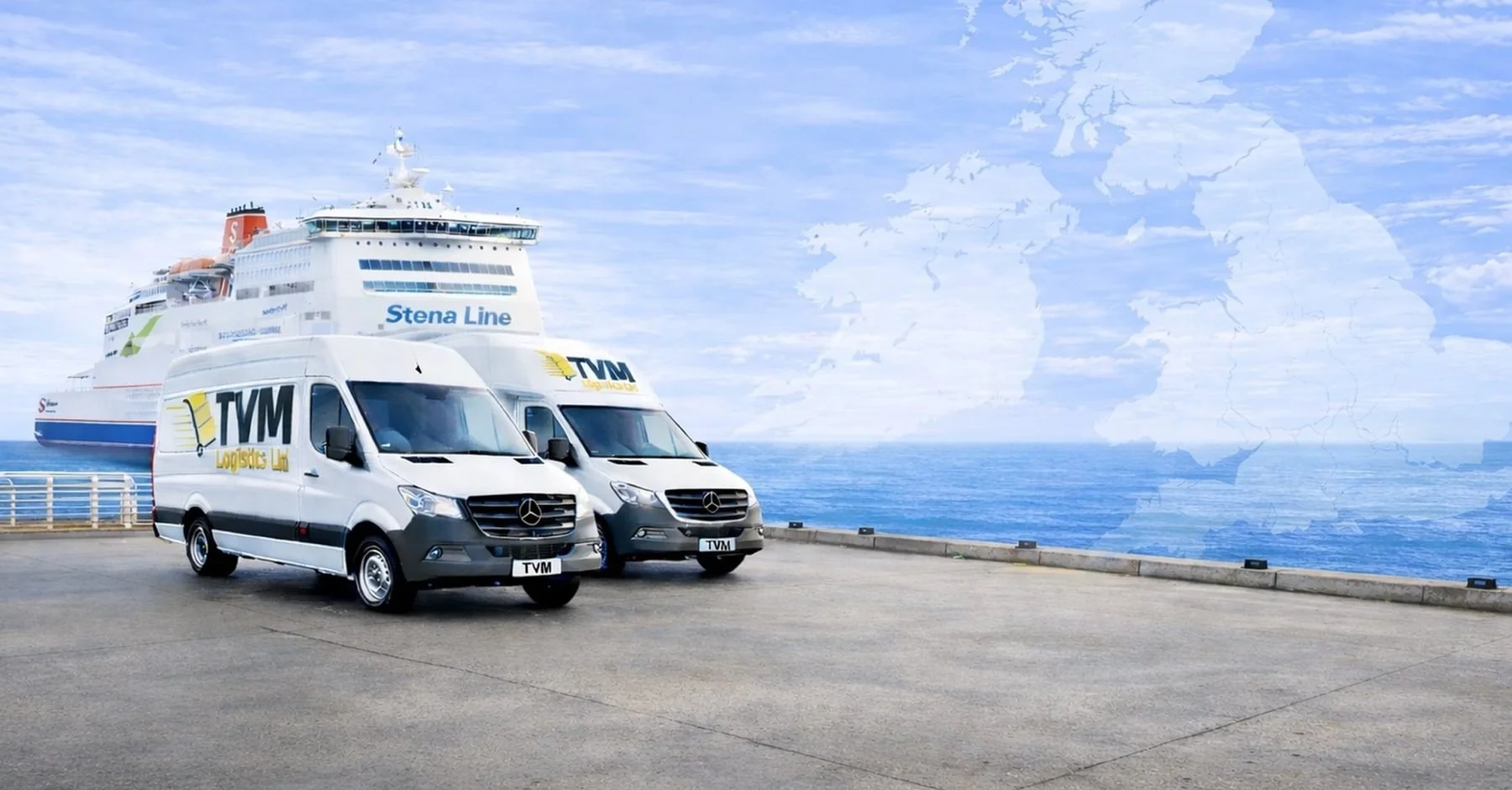 TVM Logistics vans at Belfast ferry port with Stena Line ship, providing courier transport between Northern Ireland, Ireland and Great Britain