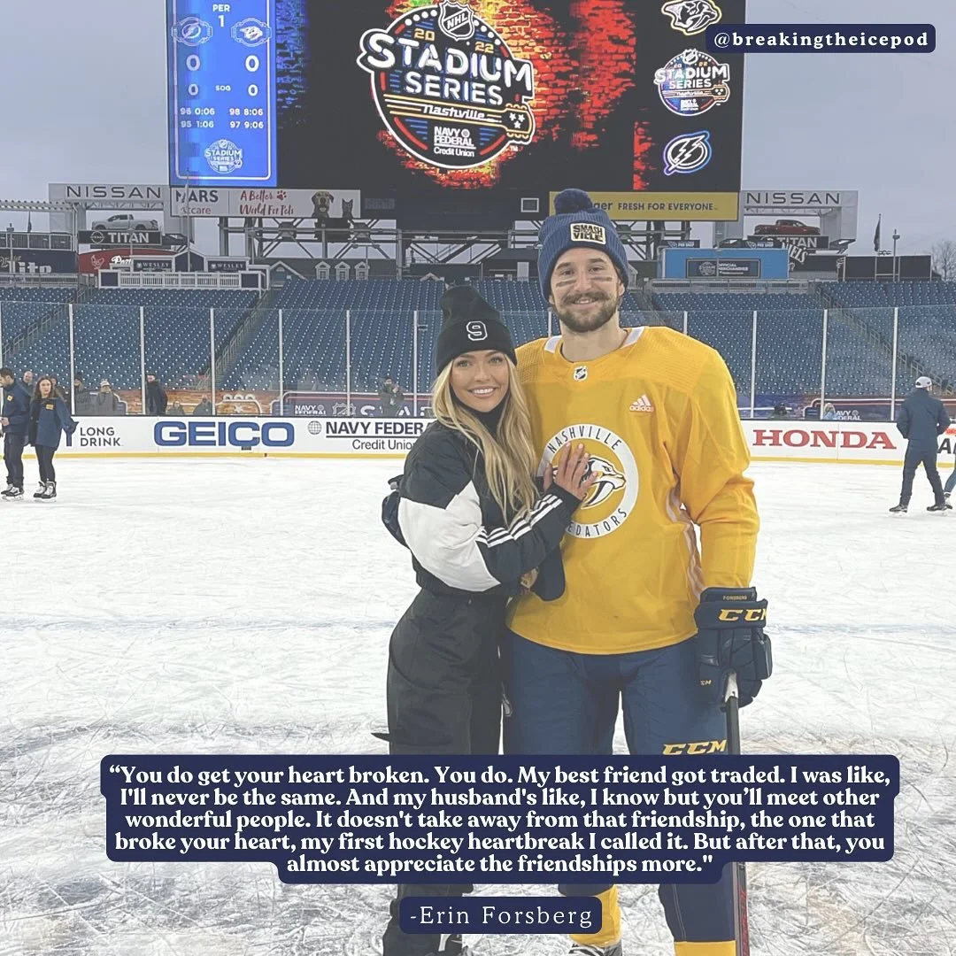 Today on the Breaking the Ice, Erin Forsberg joins me! Erin is the wife to, Filip Forsberg of the Nashville Predators. We talk about how she&rsquo;s built a life in a city she loves, the balance between two demanding careers, and what it&rsquo;s like