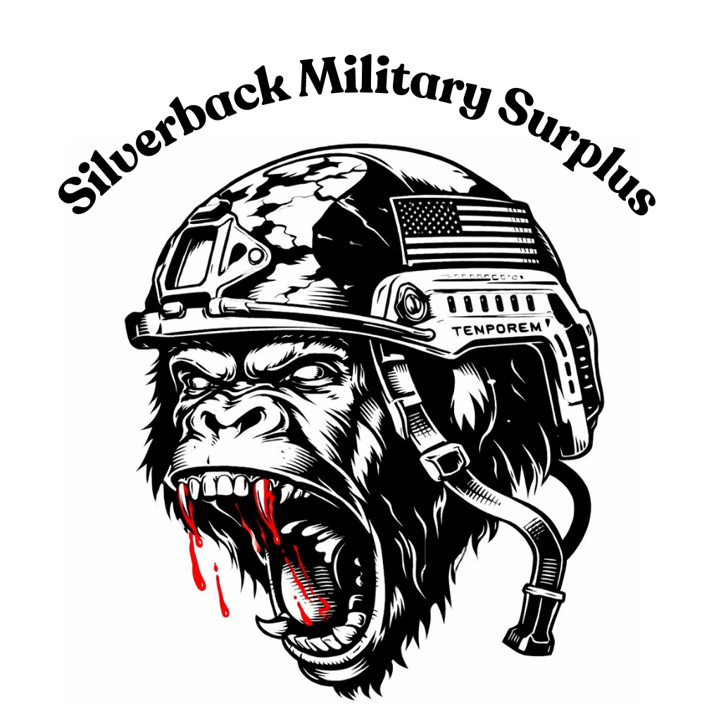 Illustration of a fierce gorilla wearing a military helmet and gear, with blood dripping from its open mouth, above the text 'Silverback Military Surplus'.