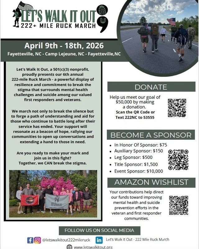 We never stop, we keep rucking. We are gearing up for Let's Walk It Out - 222 Mile Ruck March 2026, bringing the most significant number of Core Walkers to date to the Resiliency Program.  We can only do this with the support of our friends, family, 