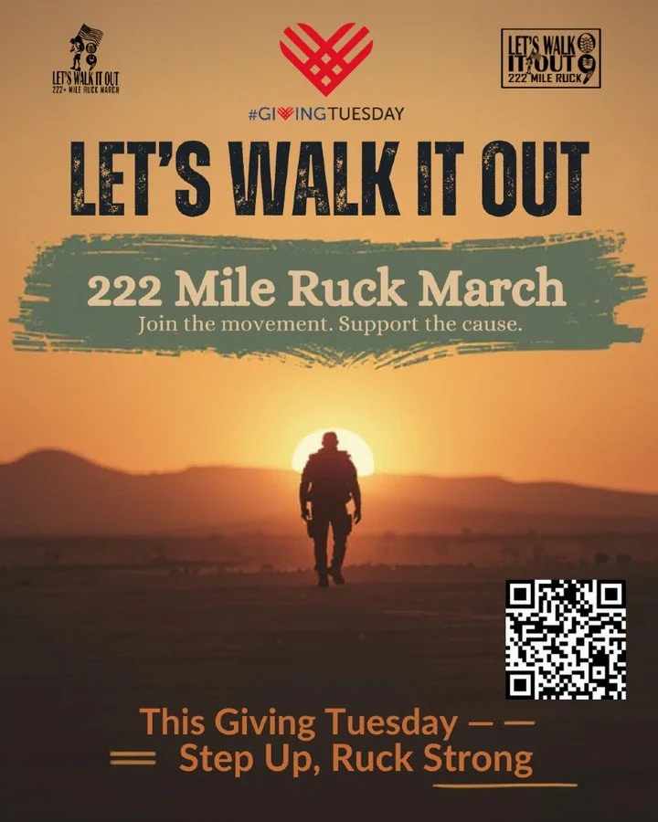 TODAY IS THE DAY! 🎉
It&rsquo;s Giving Tuesday, and every single donation to Let&rsquo;s Walk It Out &ndash; 222 Mile Ruck March is being MATCHED 1% until midnight tonight!
$50 &rarr; $50.50
$100 &rarr; $101
$250 &rarr; $252.50
&hellip;every dollar w