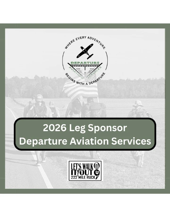 🦅 Massive thank you to Departure Aviation Services LLC for coming on board as an official Leg Sponsor for the 2026 Let&rsquo;s Walk It Out &ndash; 222 Mile Ruck March! ✈️🇺🇸

Your support directly fuels every mile we march in honor of our fallen br