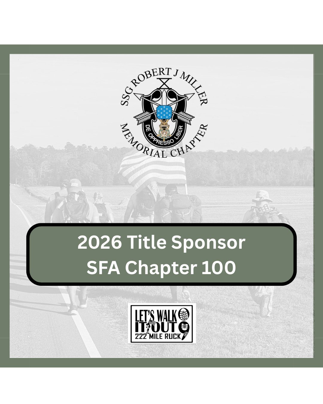 Sponsor Announcement &ndash; Special Forces Association Chapter 100

We are pleased to announce that Special Forces Association Chapter 100 (www.sfachapter100.org) returns as our Title Sponsor for the sixth consecutive year. In addition to its contin