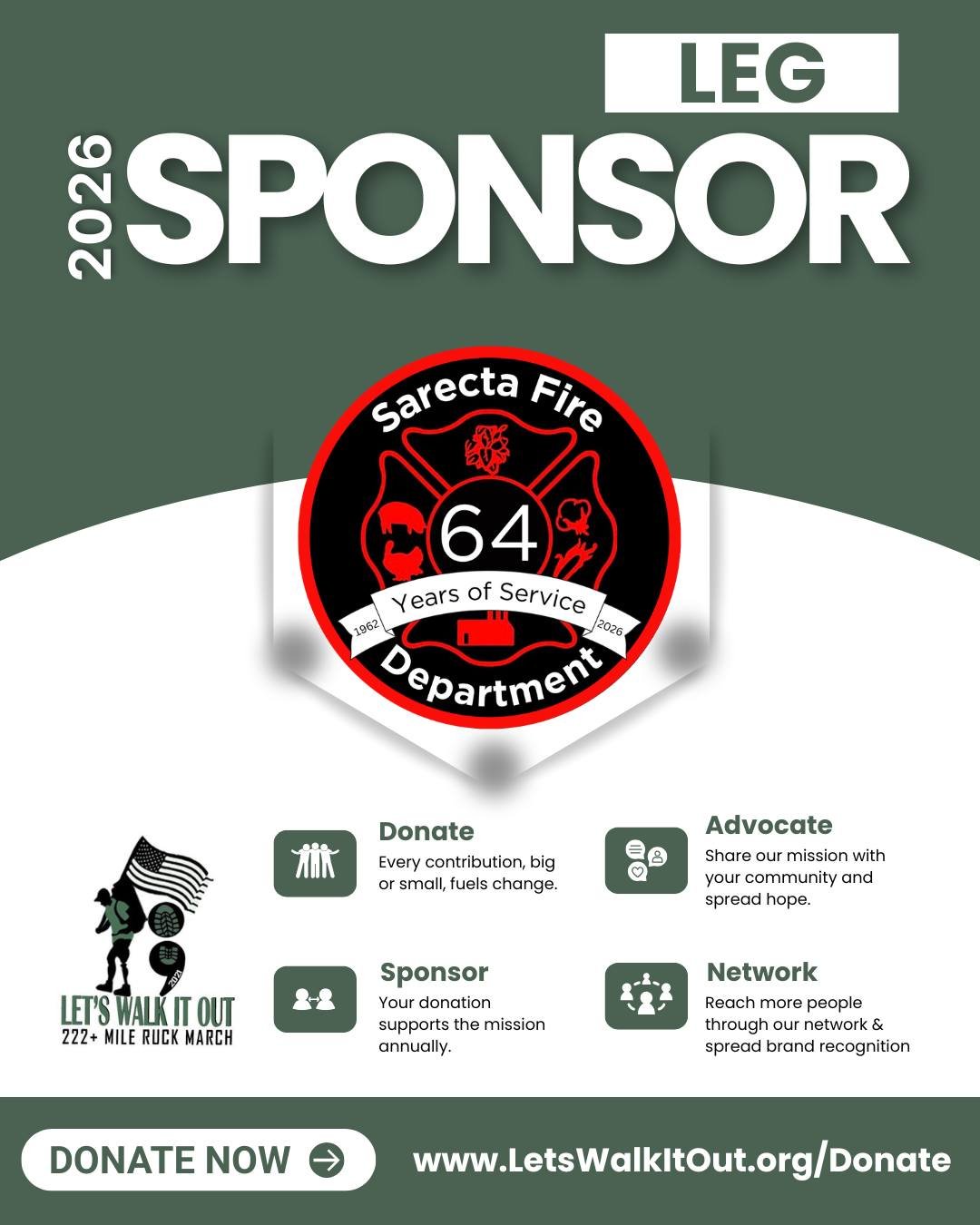 A massive shoutout and thank you to our incredible 2026 Leg Sponsor, Sarecta Fire Department from Kenansville, NC! 🚒💙

For years, you've stood with us&mdash;providing vital escorts to keep our ruck team safe and supported as we push through the mil