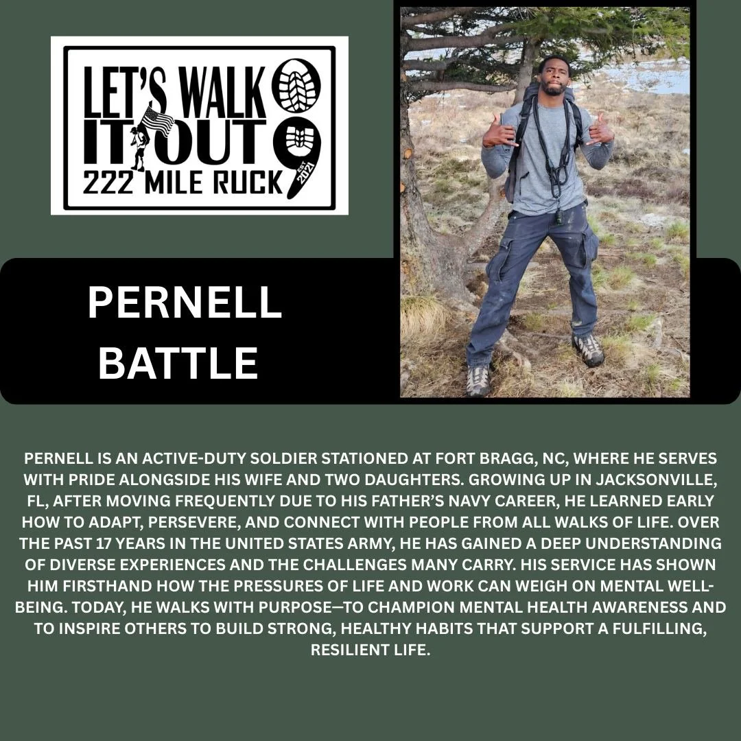 Core Walker Alert! Deepest thanks and respect to Pernell Battle&mdash;long-time supporter of Let's Walk It Out - 222+ Mile Ruck March and our proud 2026 Core Walker! 🇺🇸💪

As an active duty soldier stationed at Fort Bragg, Pernell carries the weigh