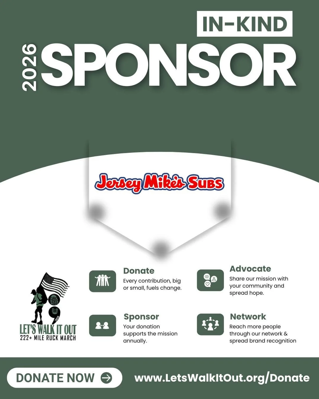 A huge THANK YOU to our generous 2026 In-Kind Sponsor, Jersey Mike's Subs in Warsaw, NC! 🥪🇺🇸

Every year you show up big for the Let's Walk It Out - 222+ Mile Ruck March by feeding our entire ruck team with fresh, delicious subs made Mike&rsquo;s 