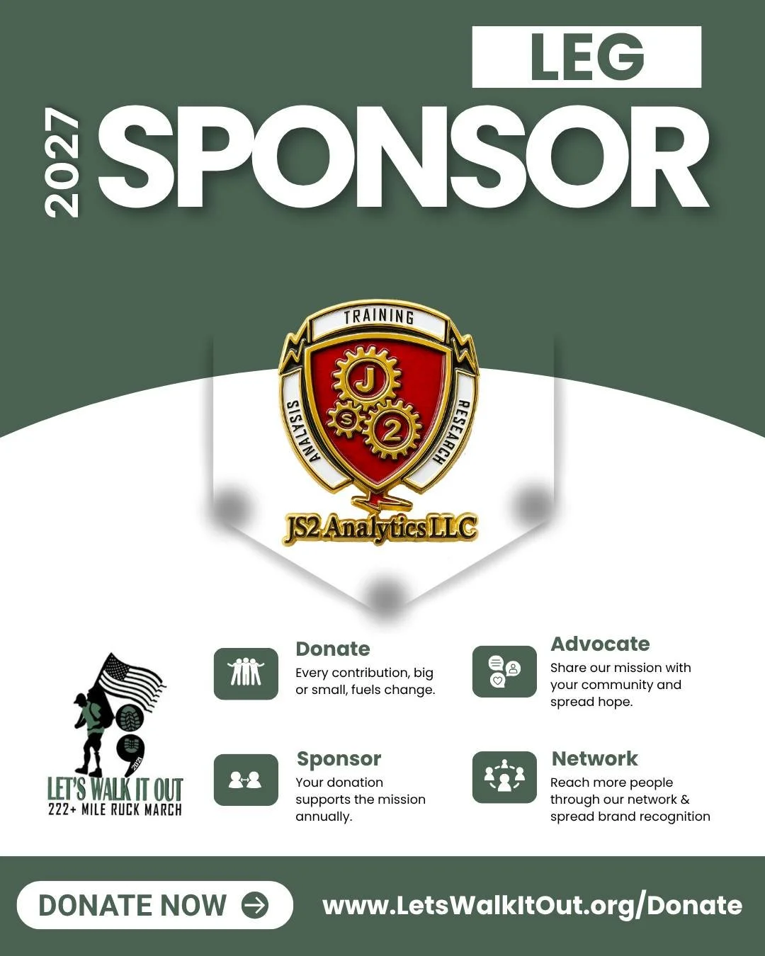 We&rsquo;re grateful to have JS2 joining the Let's Walk It Out - 222+ Mile Ruck March for the first time. Your support helps carry our team through the miles as we raise awareness, break the stigma, and work to prevent veteran and first responder sui