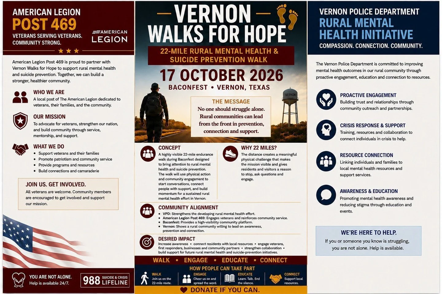 No one should struggle alone.

On Oct 17 in Vernon, TX, during Baconfest, Vernon Walks for Hope puts that into motion: a 22-mile rural mental health &amp; suicide prevention walk with Vernon Police Department, American Legion Post 469, Baconfest, the