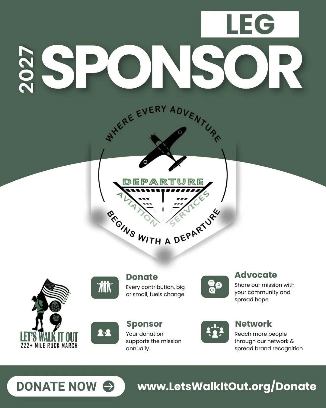 A huge THANK YOU to our returning 2027 Leg Sponsor, Departure Aviation Services! ✈️🇺🇸

Veteran-owned and family-operated at Laurinburg/Maxton Airport (KMEB), you&rsquo;ve stood with the Let's Walk It Out - 222+ Mile Ruck March before &mdash; and we