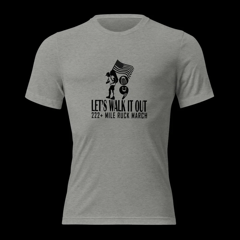 Our everyday shirt for the mission.

The Triblend Tee from Let's Walk It Out - 222+ Mile Ruck March is soft, light, and built to hold up wash after wash. Wear it on a training ruck, at the gym, or under a flannel as the weather cools off.

Every purc
