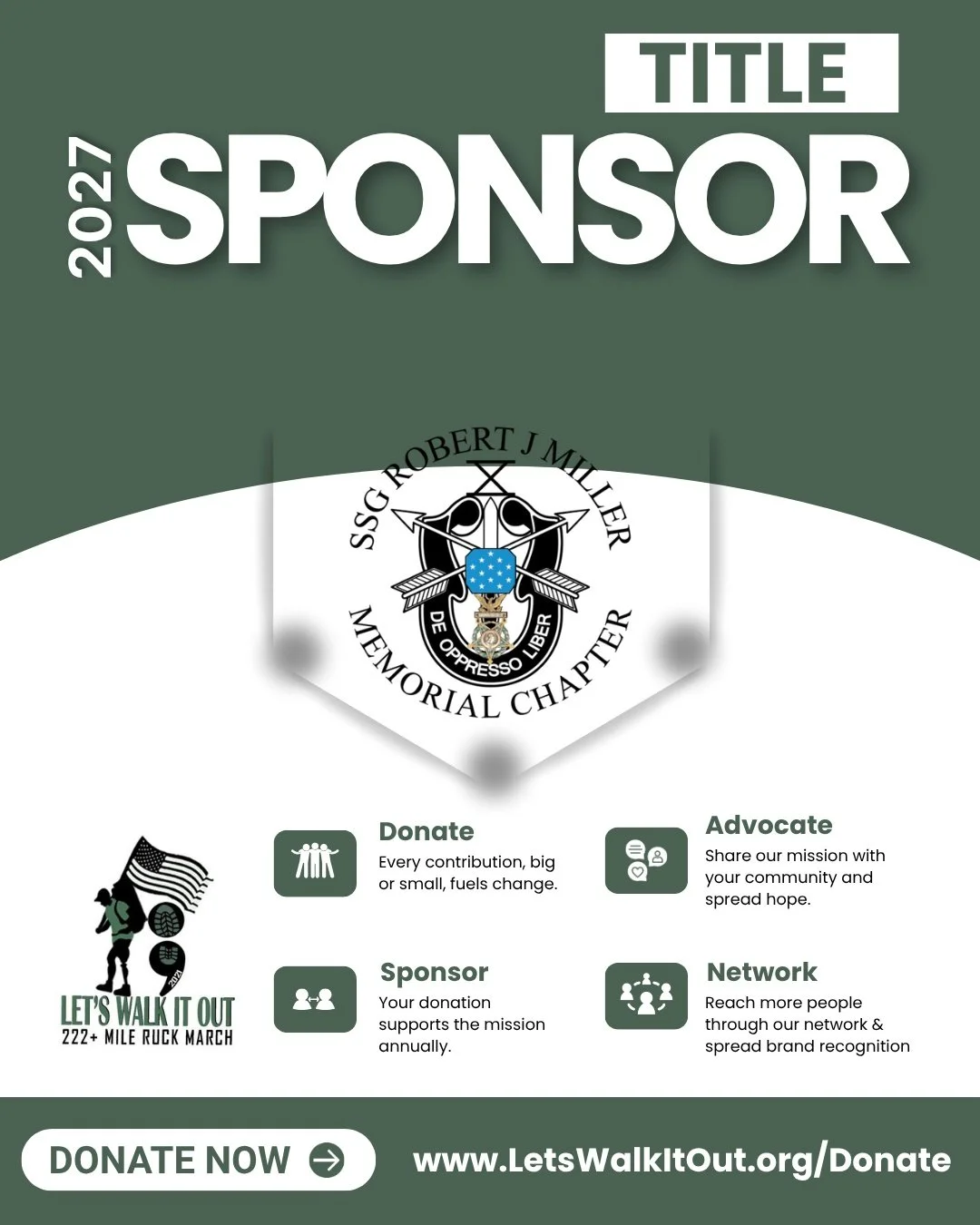 A deep and heartfelt THANK YOU to our returning 2027 Title Sponsor, Special Forces Association Chapter 100 &mdash; the SSG Robert J. Miller Memorial Chapter. 🇺🇸🛡️

Based at Fort Bragg, Chapter 100 supports the general welfare of the Special Forces