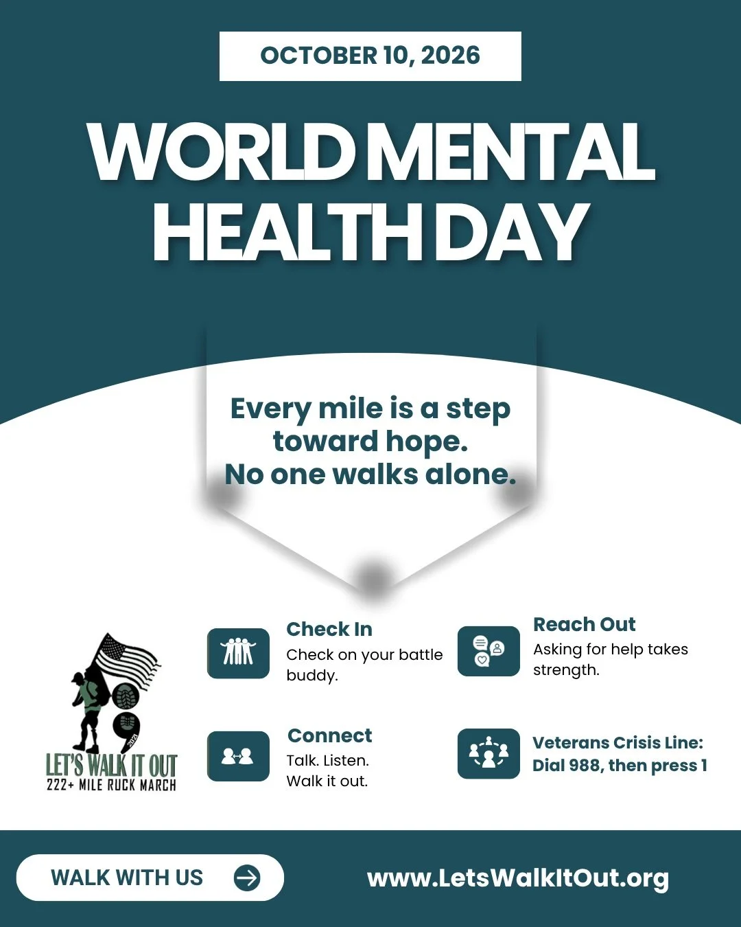 Today is World Mental Health Day, and for us at Let's Walk It Out - 222+ Mile Ruck March, it's not just a date on the calendar. It's the heart of why we ruck.

222+ miles. Every step a reminder that the hardest battles aren't always the ones you can 