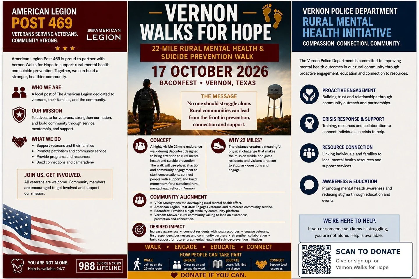 Saturday, we ruck for hope. 🇺🇸

On October 17, Let's Walk It Out - 222+ Mile Ruck March joins the Vernon Police Department, American Legion Post 469, Baconfest, and the City of Vernon for Vernon Walks for Hope: 22 miles through Vernon, Texas for ru