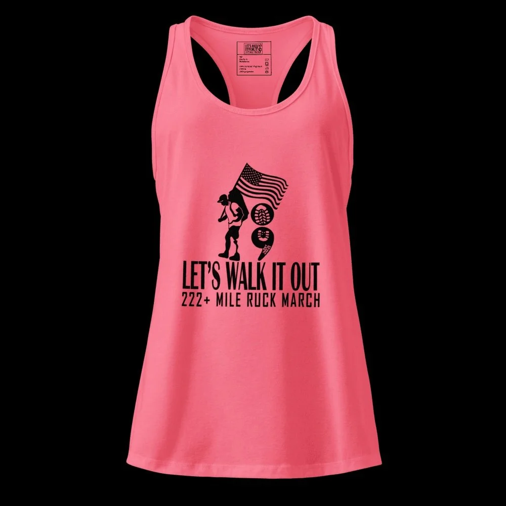 Ladies, this one's for you. 💪

The LWO Women's Fitted Racerback Tank is soft, stretchy, and breathable, built for rucking, running, lifting, or just showing up for our veterans. Rep Let's Walk It Out - 222+ Mile Ruck March every mile you put in.

Si