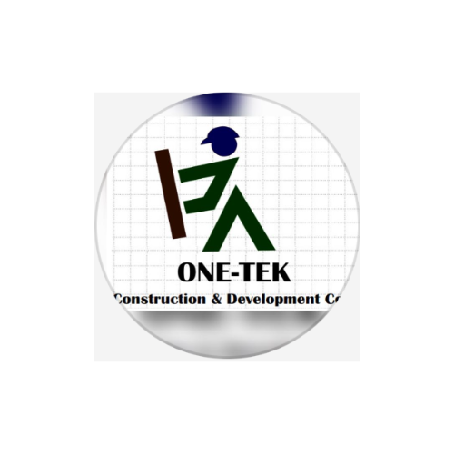 Logo for ONE-TEK Construction & Development Co. featuring a stylized human figure wearing a graduation cap, holding a brown object, with the company name below.