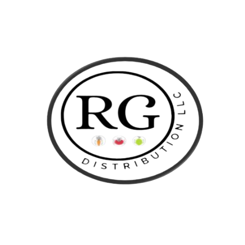 Logo for RG Distribution LLC with the initials RG inside a circle and three small icons of a peach, a tomato, and a lime beneath.