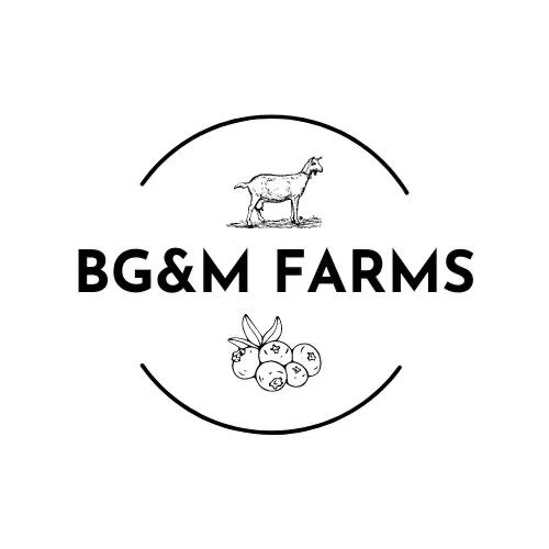 Logo for BG&M Farms featuring a goat at the top, stylized vegetables at the bottom, and the farm name in bold letters in the center.