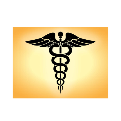 Medical caduceus symbol with a staff, wings, and a snake, set against a gradient orange background.
