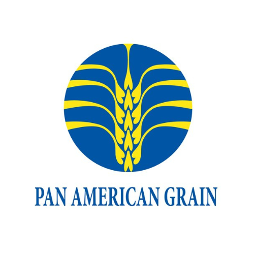 Logo for Pan American Grain featuring a stylized yellow and blue grain inside a circle with the company name below.
