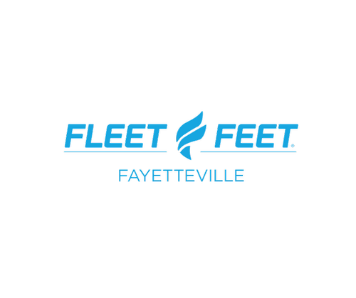 Logo for Fleet Feet Fayetteville with blue text and a feather graphic.
