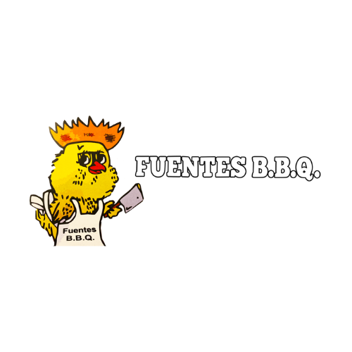 A cartoon lion with an orange mane holding a spatula, wearing an apron with 'Fuentes B.B.Q.' on it, with the text 'FUENTES B.B.Q.' next to it.
