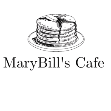 Logo of MaryBill's Cafe with a stack of pancakes topped with syrup and butter.
